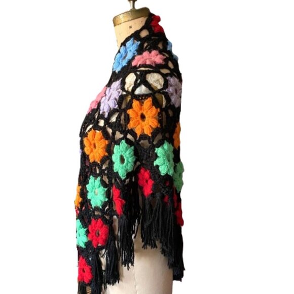 Vintage crochet knit granny flowers floral multicolor wrap scarf shawl w fringe - Picture 6 of 12
